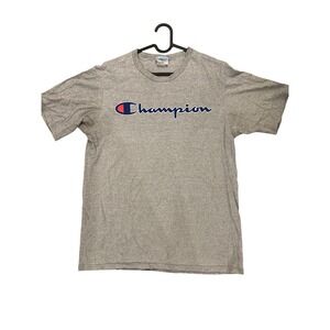 Champion Mens Script Logo T-Shirt Heather Gray Athletic Crew Neck Large